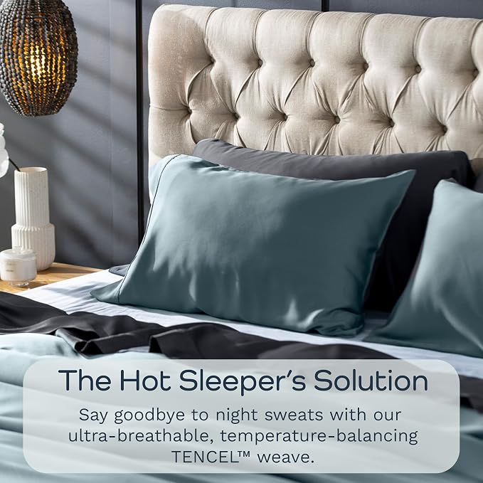 Olive + Crate Tencel Eucalyptus Pillowcases - 100% Tencel Lyocell Cooling Pillow Cases for Hot Sleepers - Hypoallergenic, Moisture-Wicking, Silk Alternative, Vegan - King Size Set of 2 [Basalt Blue]