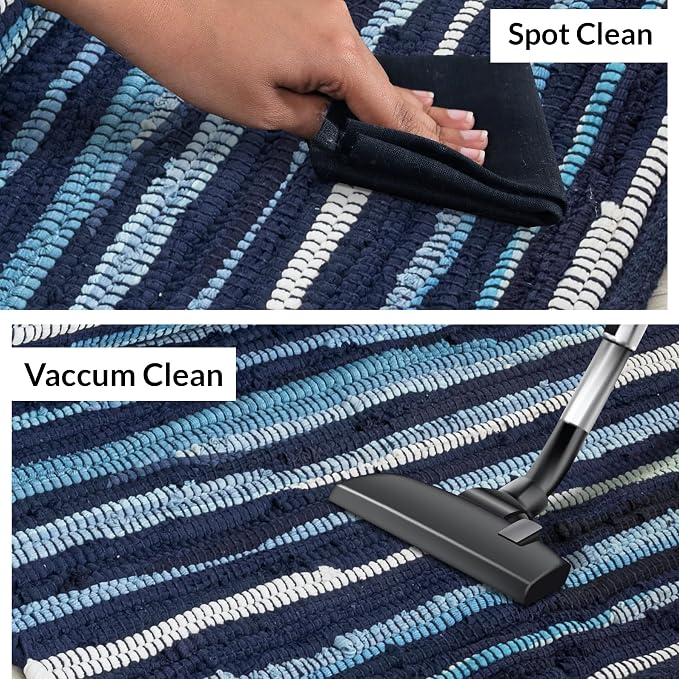 HOMEMONDE Navy Rag Rug 3'x5' Recycled Soft Cotton Chindi Rugs Hand Crafted Reversible Boho Home Decor for Bedroom, Living Room, Kitchen, Entyrway