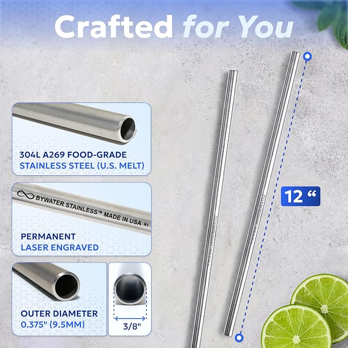 Made in USA Bywater Stainless Steel 12 Inch Straw Set of 2 Food Grade Premium Straws. Fits Stanley, Yeti Straw Lid, Owala and Many Others With Standard Straws. DOES NOT FIT FLIP STYLE LIDS