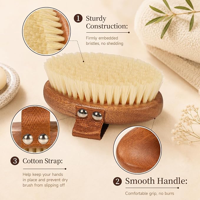 Dry Brushing Body Brush for Lymphatic Drainage with Boar Bristles | Pure Boar Bristle, Ebony Wood, Exfoliating Brush for Removing Dry Skin and Reducing cellulite, no microplastic release