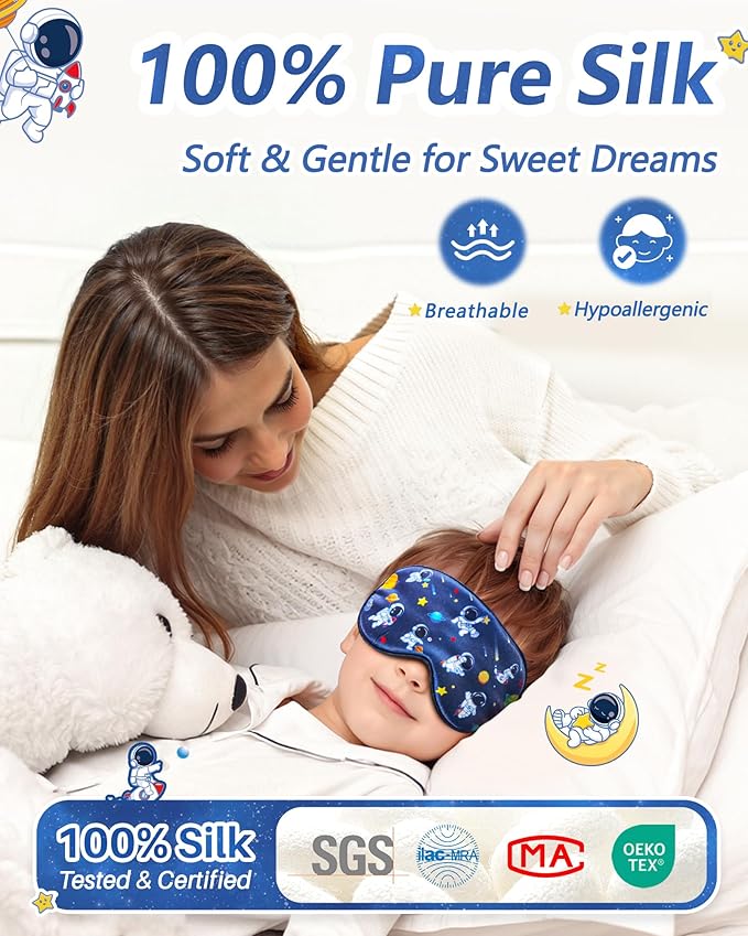BeeVines Kids 100% Real Mulberry Silk Sleep Mask 2 Pack, Original Design Pure Silk Sleeping Eye Masks for Boys, Skin-Friendly Blackout Eye Cover, Adjustable Strap, Reduce Puffy Eyes, for Travel Gifts
