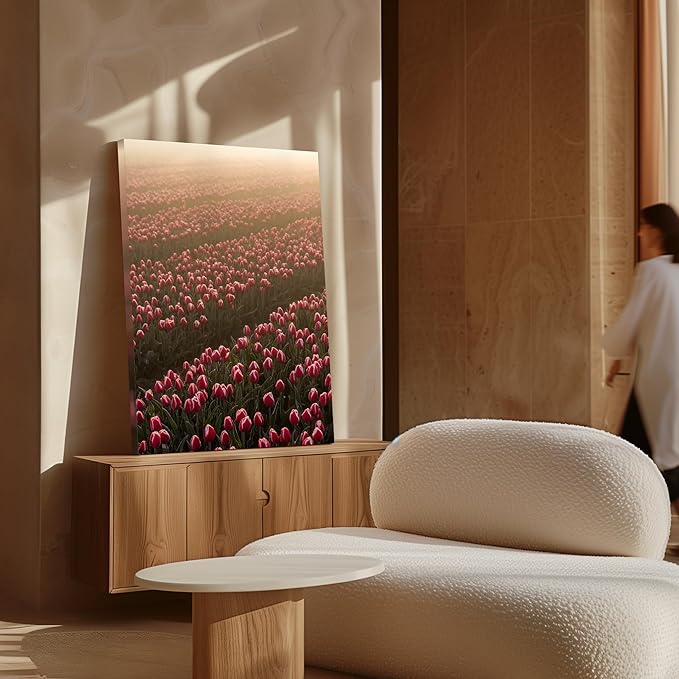 Monem Art Golden Tulip Field Sunset Photography Print - Romantic Spring Landscape Art Poster - Wall Decor for Living Room, Bedroom or Office - 16x20 STRETCHED CANVAS Wall Art by Mareike Bohmer