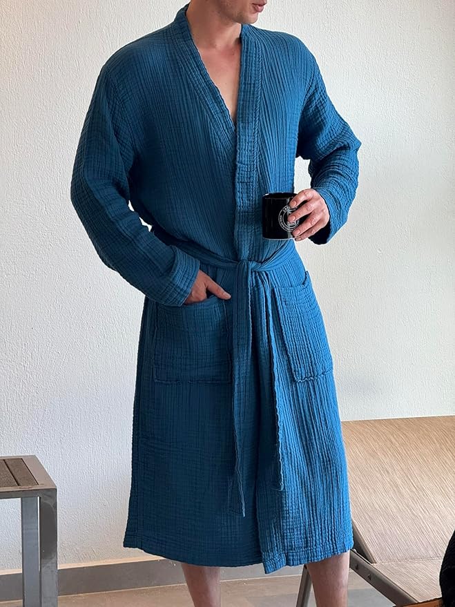 Muslin Unisex Bathrobe Women & Men, 100% Cotton Kimono Lightweight Robe | Long Robes Soft, Absorbent, Spa robes