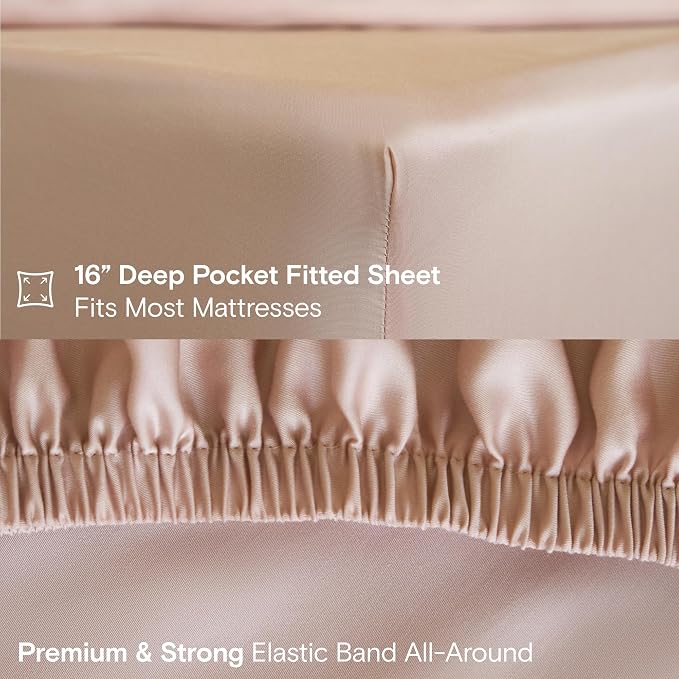 DOZ Sheet Set, 100% Viscose derived from Bamboo, Organically Grown, Buttery Soft, Cooling Sheets, High GSM, Deep Pockets - 4 Piece - 2 Pillowcases 1 Fitted 1 Top Sheet (Blush, Full)