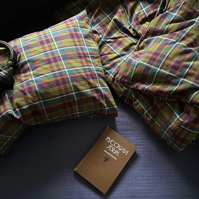 mixinni Buffalo Plaid Duvet Cover Queen Size - 100% Washed Cotton 3-Piece Bedding Set for All Seasons, Retro Grid Design, Soft Breathable Comforter Cover with Zipper Ties for Men, Women-Queen Size