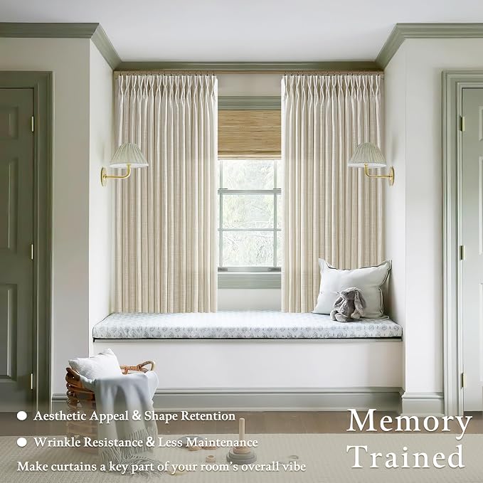 TWODRAPES Pinch Pleated Beige Linen Curtains 54 Inch Long for Kitchen with Rings Hooks Back Tab Light Filtering Farmhouse Short Semi Sheer 54 Inch Curtain for Dining Room Bedroom Small Window W50xL54