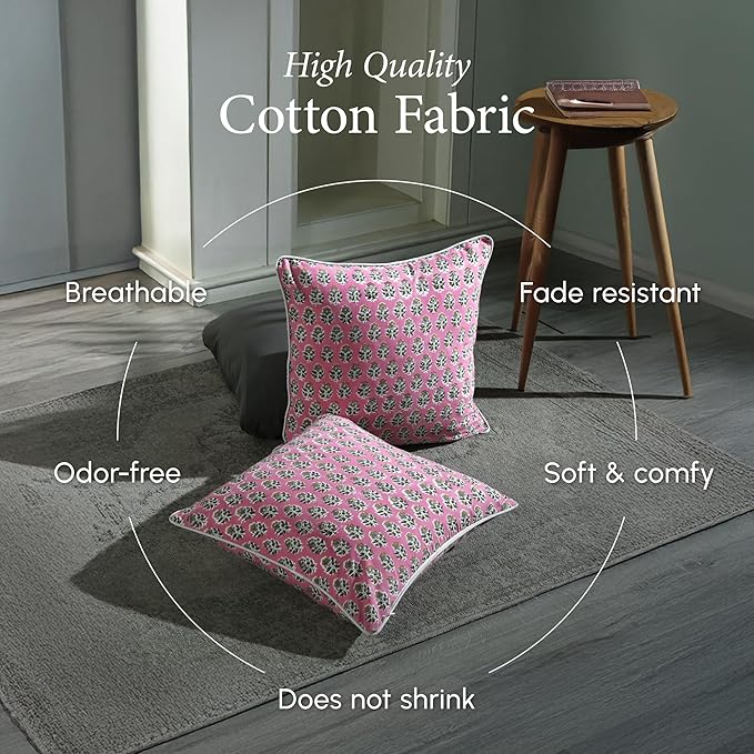CPC 100% Cotton Throw Pillow Covers 24x24 Inch, Set of 2 Green Block Print Pattern Couch Pillow, Cute Boho Decorative Pillows for Living Room, Bedroom with Hidden Zipper- Poppy Pink