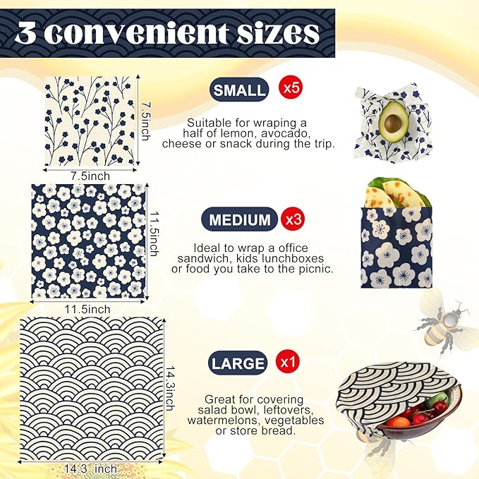 Tigeen 9 Pack Reusable Beeswax Wrap for Food Chinoiserie Beeswax Paper for Sourdough Bread Cheese Paper Wrapping Wax Cloth Food Wraps Bread Sandwich Wrapper 1 XL 3 Medium 5 S(Beige,Japanese)