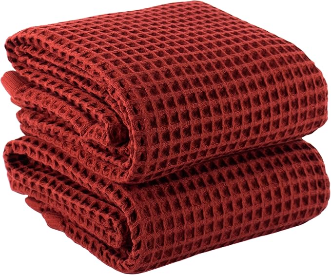 PÜSKÜL Pack of 2 Waffle Bath & Spa Towels - Premium 100% Turkish Organic Cotton - Quick Dry Thin Bath Towel for Bathroom - Made in Turkey (Brick, 32x63 inch)