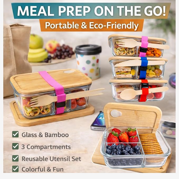 Glass Food Storage Containers with Bamboo Lids, Airtight Containers, Non Toxic Food Storage, Eco Friendly Fridge Storage Containers Includes Elastic Bands and Utensils (4 Count)