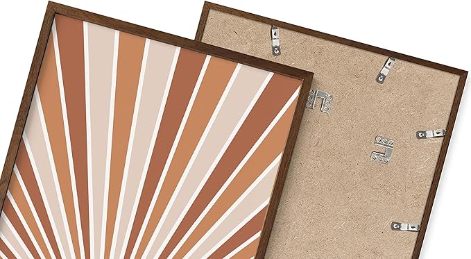 Boho Rising Sun Wall Art Sunburst Rays Earth Tones Terracotta Mid Century Modern 24x36 Inch Oak Wood Walnut Framed Minimalist Landscape Sunshine Print for Nursery Decor