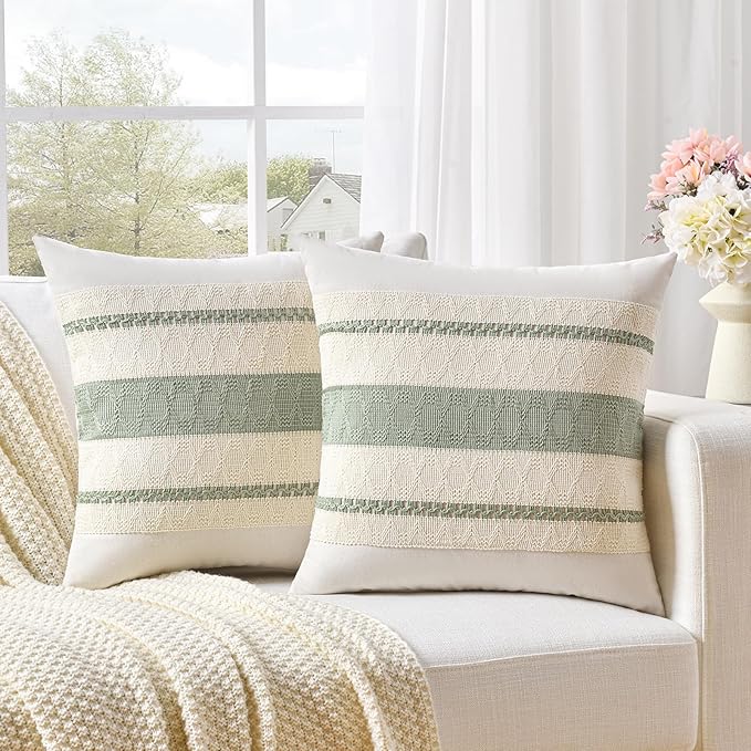 Fancy Homi Set of 1 Sage Green Boho Decorative Throw Pillow Covers 16x16 Inch for Living Room Bedroom Couch Bed Indoors, Rustic Retro Cushion Case 40x40 cm, Bohemian Room Home Decor