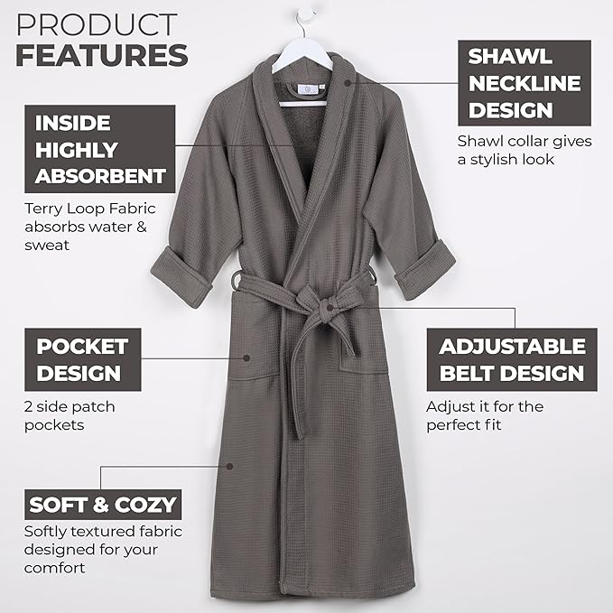Superior Waffle Weave Cotton Unisex Bathrobe with Belt, Soft and Absorbent Robe for Men and Women Bath Essentials Robes