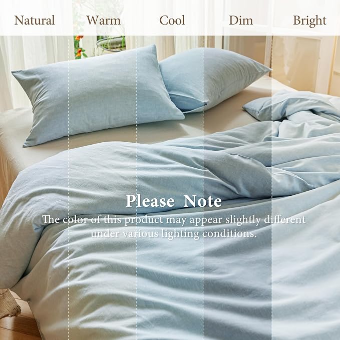 Simple&Opulence Linen Duvet Cover Set Queen Size - French Linen Cotton Woven Blend in Light Blue, 3 Pieces (1 Comforter Cover 88x92” + 2 Pillowcases), Soft & Breathable All-Season Farmhouse Bedding