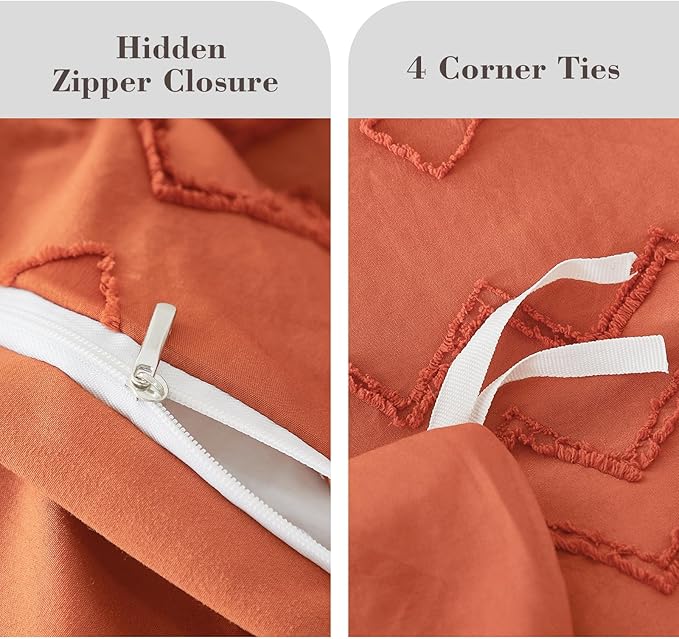 EMME Boho Duvet Cover Twin Size Pumpkin - 2 Pieces Soft & Breathable Tufted Boho Shabby Chic Embroidery Bedding Set for All Seasons, 1 Duvet Cover with 1 Pillow Shams & Zipper Closure (Pumpkin, Twin)