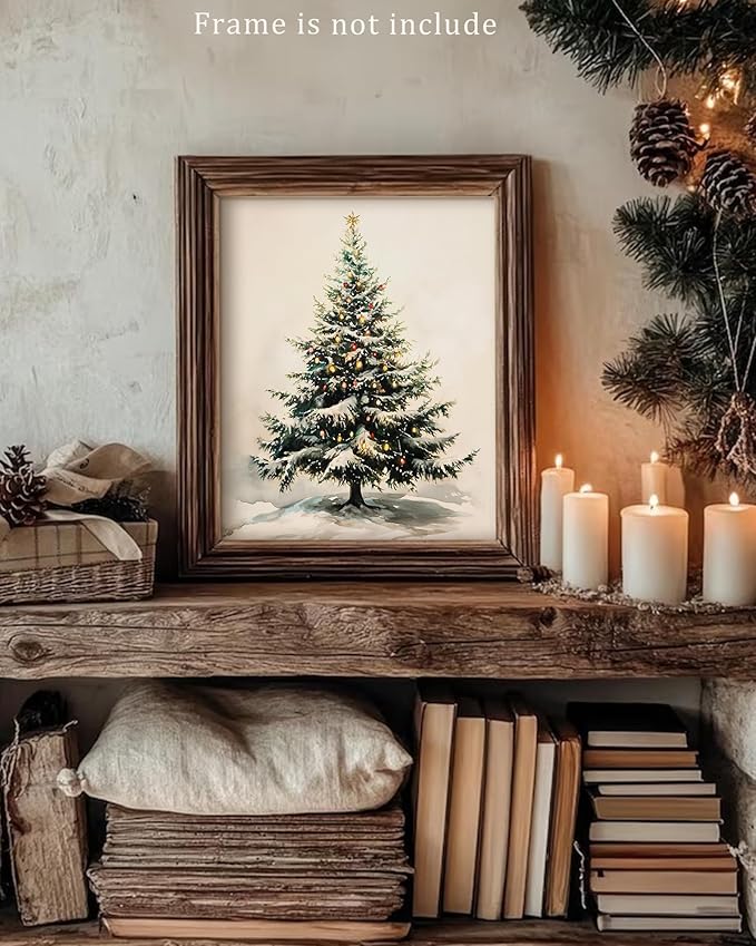 Vodefoad Christmas Tree Wall Art Vintage Rustic Xmas Winter Snowy Pine Tree Canvas Oil Wall Decor Neutral Antique Holiday Christmas Tree Painting for Gallery Bedroom Bathroom - 8x10Inch Unframe