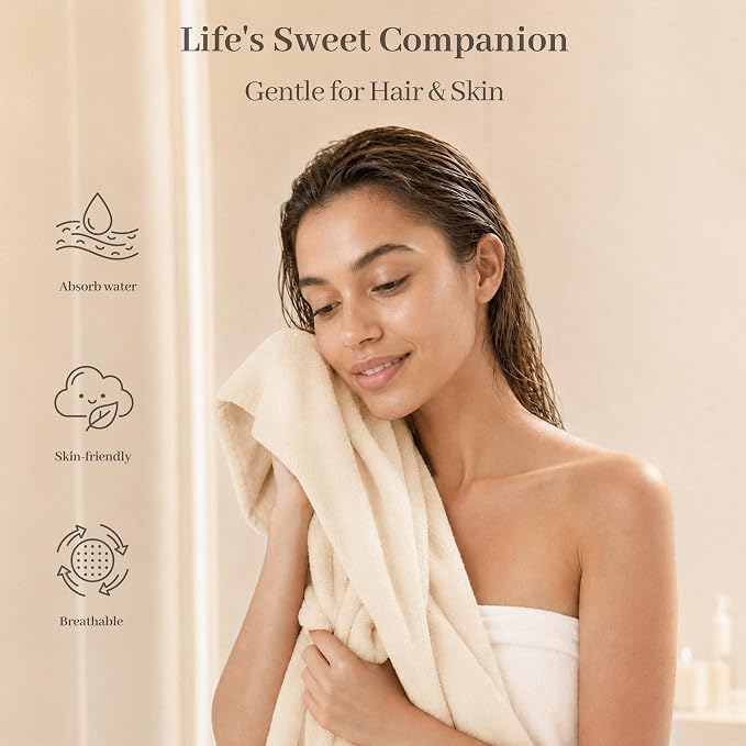 ROLSHOL Cotton Hair Towel Wrap for Women, 2 Pack 100% Cotton Hair Drying Towels for Long, Thick & Curly Hair, 32" x 11" Large Hair Turban for Wet Hair with Elastic Band (Apricot)