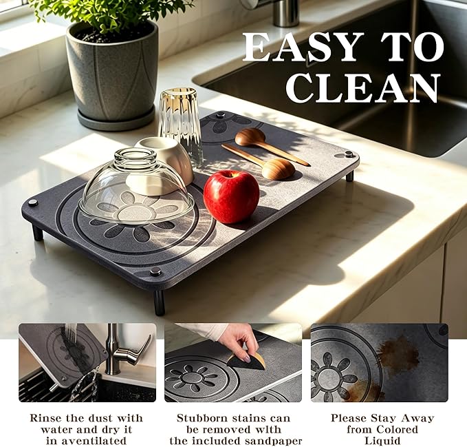Grey Stone Drying Mat For Kitchen Counter, 3 PCS Wuvsveai Diatomaceous Earth Dish Drying Mat, Kitchen Mat, Stone Bath Mat for Bathroom, Dish Drying Rack & Dish Drainers for Countertop(Midnight Grey)