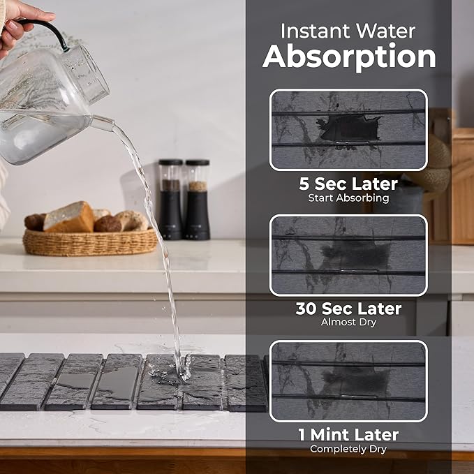 Large Stone Dish Drying Mat for Kitchen Counter,Natural Quick Dry Stone Dishes Mats,Foldable Water Absorbing Diatomaceous Earth Drying Organizer Pad for Kitchen Utensils(Dark Gray 24"×16" & 8"x4")