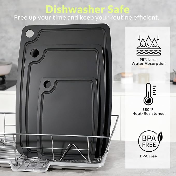 Cutting Board for Kitchen 11.8x9.3Inch Wood Fiber Composite Cutting Board with Juice Groove and Non-slip Feet, Dishwasher Safe, Knife-Friendly Chopping Board for Meat, Bread, Fruit, Black
