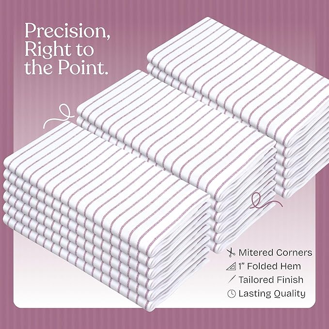 Burgundy Stripe Cloth Napkins Set of 12, 18x18 Inch, 100% Cotton, Absorbent, Classic Striped Table Linen Napkin for Dinner, Wedding Receptions, Thanksgiving, Everyday Use