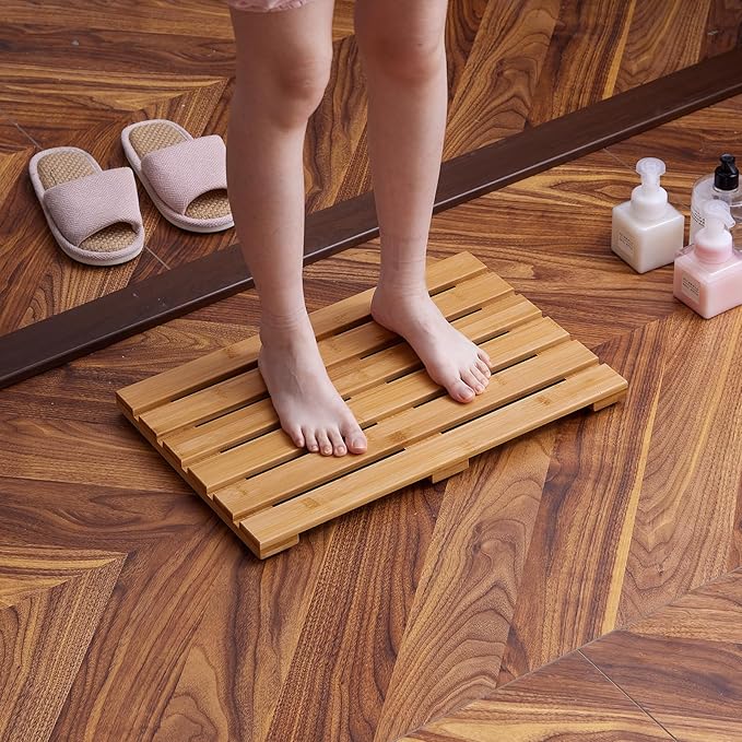 Bamboo Bath Mat for Shower with Non-Slip Rubber,Bathtub Mat,Floor Mat,Shower Mat for Indoor,Outdoor,Spa, Sauna, Pool (Natural, 20 * 13 * 1.4 inches)