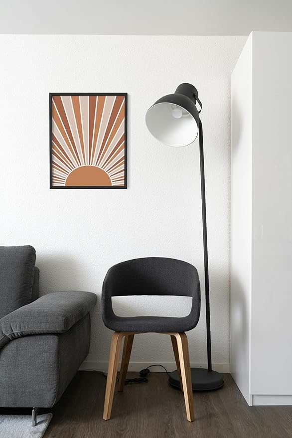 Boho Rising Sun Wall Art Sunburst Rays Earth Tones Terracotta Mid Century Modern 11x14 Inch Oak Wood Black Framed Minimalist Landscape Sunshine Print for Nursery Decor