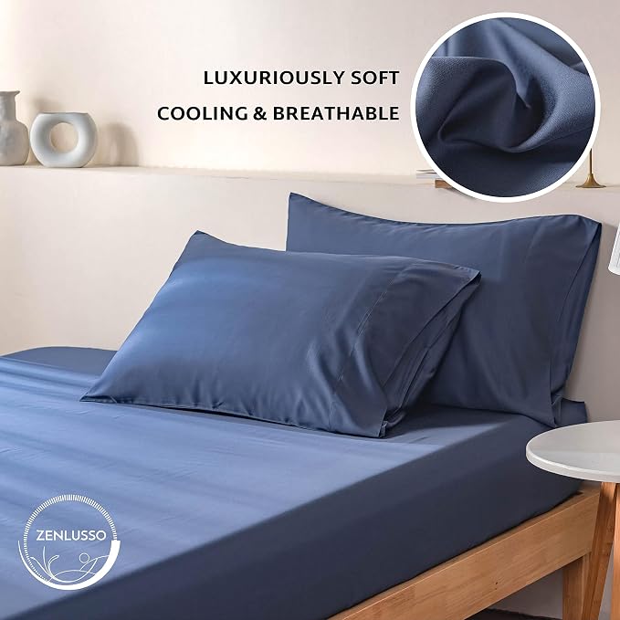 Pillowcases 100% Viscose Made from Bamboo Pillow Cases, Cooling, Luxuriously Soft, Envelope Closure, 300 Thread Count (Navy Blue, Queen)
