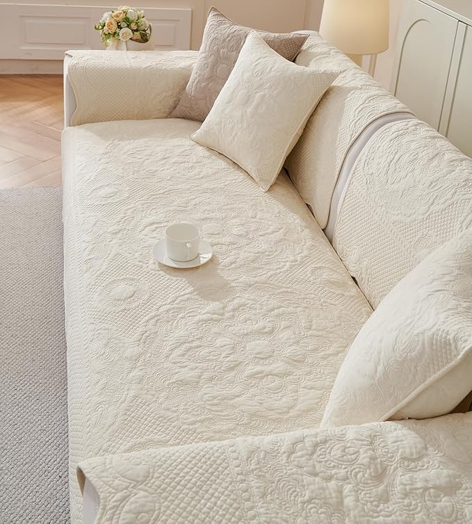 vctops Boho Cotton Quilted Couch Cover Soft Embroidered Sofa Cover Non-Slip Dog Bed Cover Scalloped Sofa Slipcover Washable Furniture Protector Cover (Cream,36"x94")