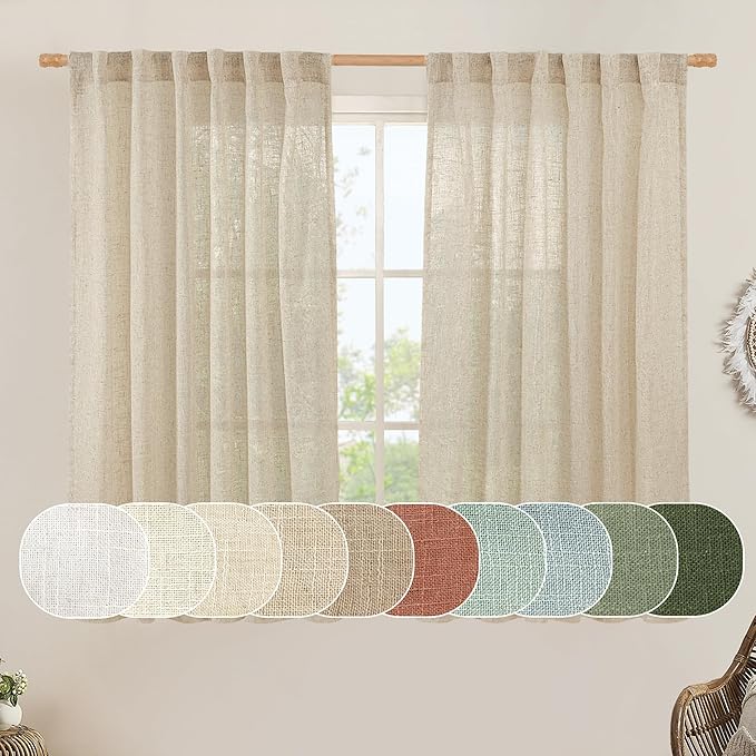 LAMIT Linen Semi Sheer Curtains 40 Inch for Kitchen Window Over Sink, Light Filtering Panels Farmhouse Boho Back Tab and Rod Pocket Drapes for Cafe, Linen, 2 Panels, 52 x 40 Inch