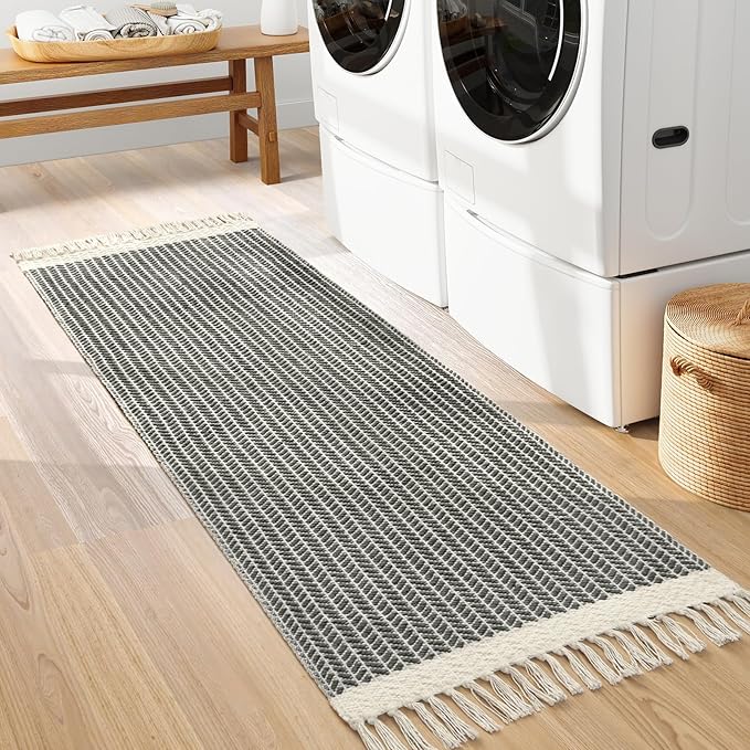 Lahome Belle Boho Hallway Runner Rug, 2x6 Laundry Room Lightweight Entry Bathroom Woven Cotton Throw Mat with Tassels, Farmhouse Non Shedding Washable Grey Rug Low Pile Runner for Kitchen