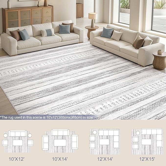 Area Rug Living Room Rugs - 10x12 Washable Large Soft Neutral Boho Moroccan Bohemian Farmhouse Rug Indoor Floor Carpet for Bedroom Under Dining Table Home Office Decor - Light Grey