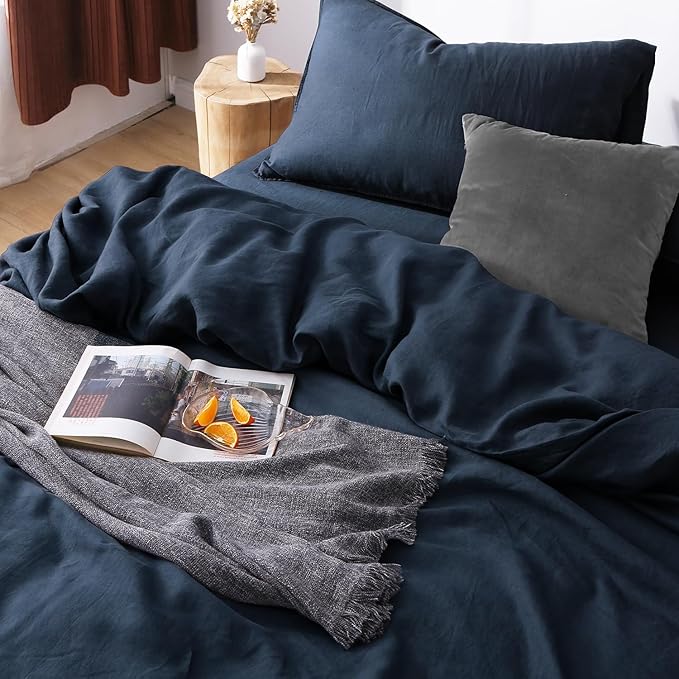 S VICTORY SYMBOL 100% Organic Linen Duvet Cover Set King Size,Stonewashed French Flax Bedding Set 3pcs,1 Comforter Cover+2 Pillowcase(Navy) Soft Breathable