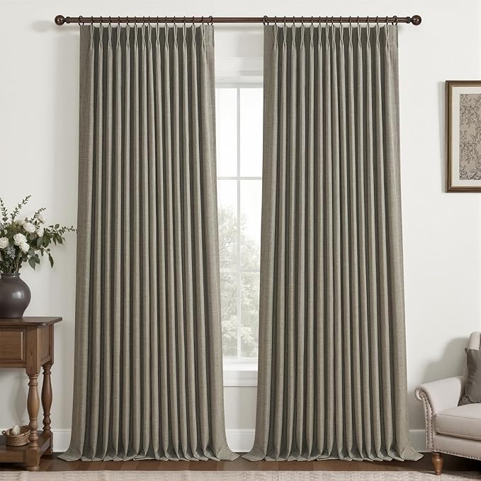 Pinch Pleated Blackout Curtains 96 Inches Long for Bedroom, Sepia Ebony Memory Trained Two Layer Thick Linen Thermal Noise Cancelling Farmhouse Privacy Windows Curtain 40x96 Inch Length 2 Panels Set