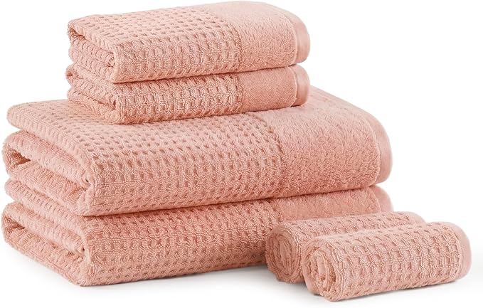 Madison Park Spa Waffle 100% Cotton Luxurious Towel Set, Premium Texture Waffle Weave, Highly Absorbent, Quick Dry, Hotel & Spa Quality Wash Clothes for Bathroom, Assorted Sizes, Pink 6 Piece