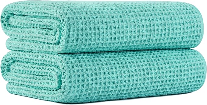 MICROFI New Microfiber Waffle Bath Towels, 2 Pieces, Oversized, Soft, Absorbent, Fast Drying, Lint Free 430 GSM (Turquoise)
