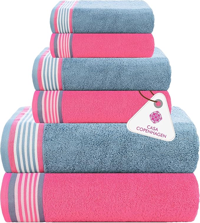 CASA COPENHAGEN He & She 6Pcs 100% Egyptian Cotton Large Designer Towels Gift Set- Dusty Pink - Dusty Blue, 550GSM, 2Bath 2Hand 2Washcloths, Bath Towels for Bathroom (Gift Set for Women & Men)