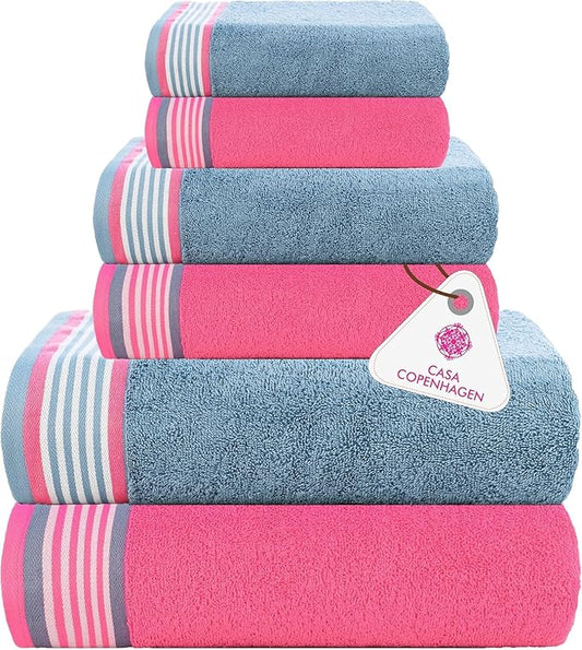 CASA COPENHAGEN He & She 6Pcs 100% Egyptian Cotton Large Designer Towels Gift Set- Dusty Pink - Dusty Blue, 550GSM, 2Bath 2Hand 2Washcloths, Bath Towels for Bathroom (Gift Set for Women & Men)