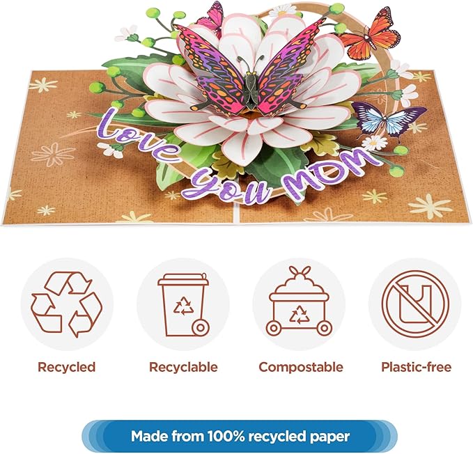 Paper Love Frndly 3D Pop Up Mother's Day Card, Love You Mom Butterfly, Handcrafted - 100% Recycled and Eco-Friendly, 8" x 6" Cover - with Note Tag
