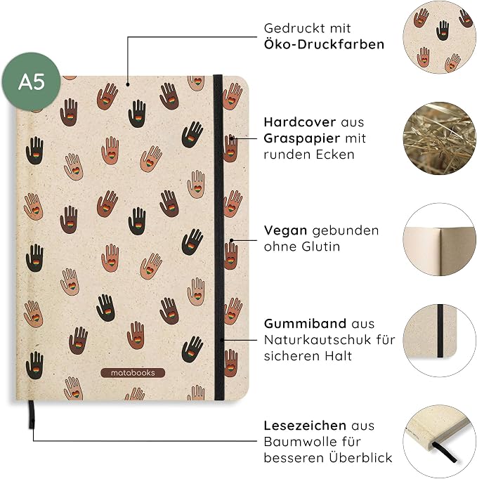 Sustainable and Vegan Notebooks A5 Made of Sweetgrass Paper, Nari Pride Collection, 138 Pages, Natural, Handmade, Made in Germany (Inclusivity)