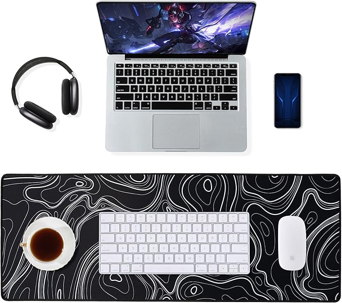 ALOANES Waterproof Mouse Pad with Durable Stitched Edge, XL Gaming Keyboard Pad, Non-Slip Rubber Base, Extended Desk pad for Gamer, Office & Home, Black Topographic Map Mousepad 31.5"x 11.8"x 0.12"