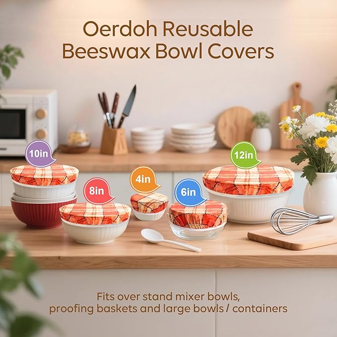 Reusable Beeswax Bowl Covers (5-Pack) - Eco-Friendly Food Wraps & Bread Proofing Shower Caps, Perfect for Sourdough Fermentation and Food Storage (Maple Leaf Yellow)