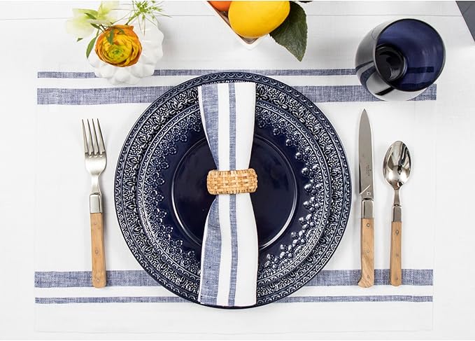 Solino Home Linen Placemats Set of 4 - French Stripe Navy and White Placemats 14 x 19 Inch - 100% Pure Linen Table Mats for Summer, 4th of July