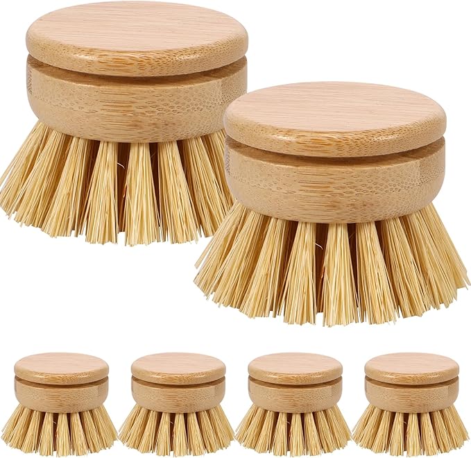 US 6Pcs Bamboo Dish Brush Head Soft Sisal Bristle Dish Natural Washing Brush Head Eco-Friendly Washing Up Brush Replacement Heads Easy to Use Dish Scrubber Head for Dish Brush Cleaning 1.89×1.57in