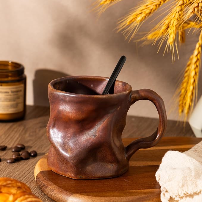 Handmade Ceramic Coffee Mugs, Mugs with Spoon, 11oz, Handmade Pottery Mug with Handle, Hand-painting, Unique Uneven Surface Tea cups, Dishwasher and Microwave Safe (Coffee Color)