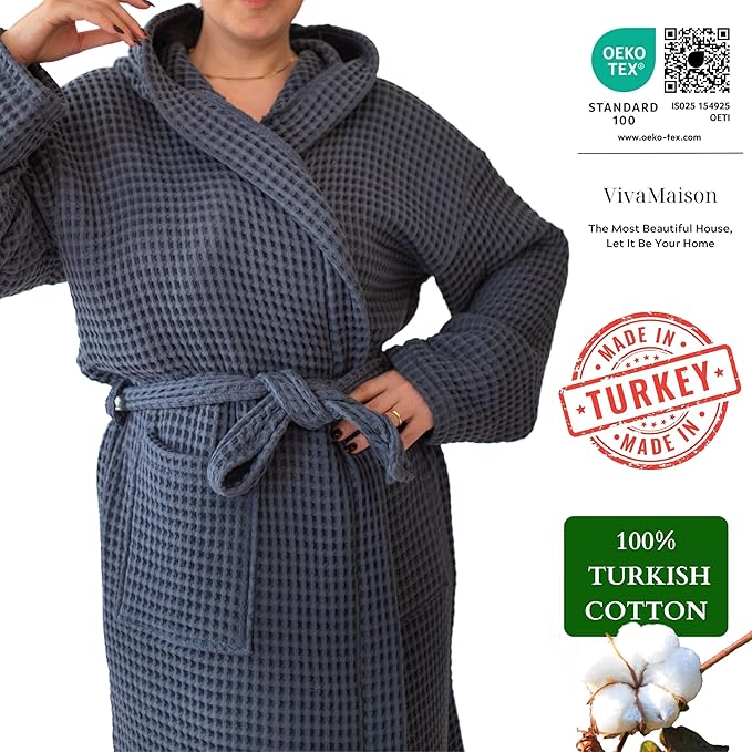 Unisex Hooded Waffle Robe for Women & Men 100% Turkish Cotton | Quick-Dry Bathrobe | Cozy Housecoat for Lounging