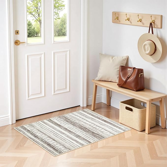 Tortania Area Rug Living Room Rugs - 2x3 Washable Soft Neutral Boho Moroccan Farmhouse Mat Indoor Floor Carpet for Bedroom Under Dining Table Home Office Decor - Cream Brown