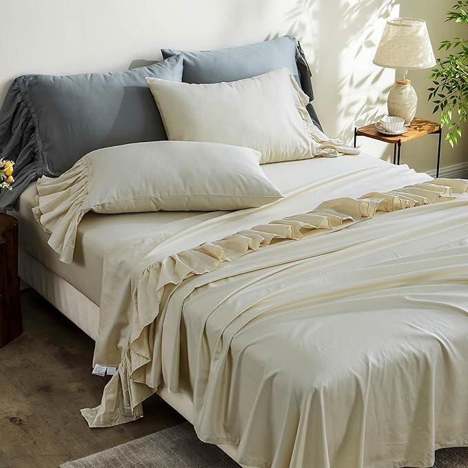 Simple&Opulence 100% Organic Cotton Sheet Set, Long Ruffle Bed Sheets (1 Flat Sheet, 1 Fitted Sheet and 2 Pillowcases) Elegant Shabby Chic Bedding Farmhouse Charming Vintage - Beige, King