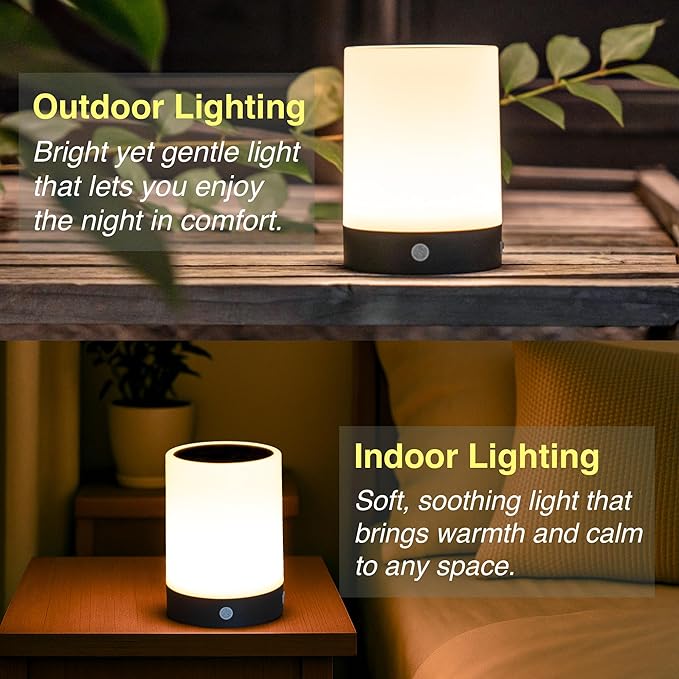 ORIMSBO® Solar Table Lamp, USB & Solar Rechargeable Bedside Night Light, 4 Brightness Levels, IP65 Waterproof, Portable Light for Bedroom, Camping, Patio, Emergency Use