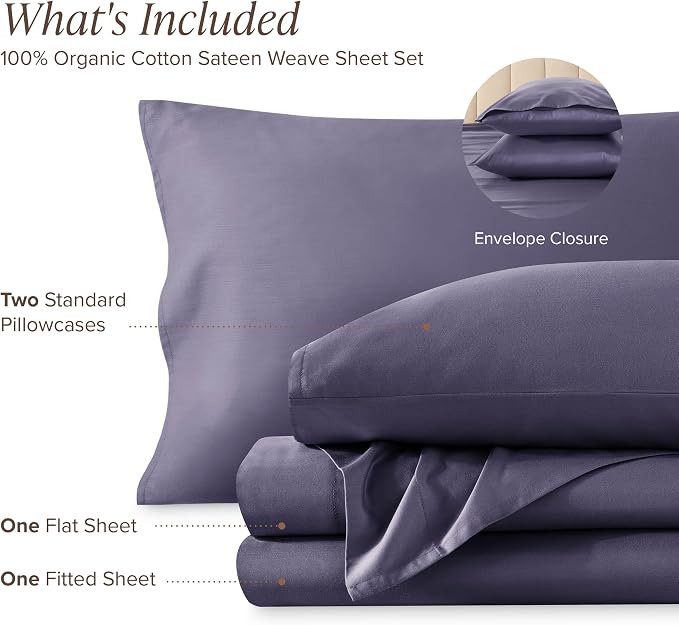 Bare Home 100% Organic Cotton Queen Sheet Set - 400 Thread Count - Smooth Sateen Weave - Breathable & Cooling - Hotel Luxury Set - Deep Pocket Bed Sheets (Queen, Dusty Purple)